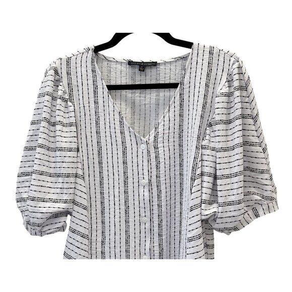 Adrienne Vittadini Black White Striped Button-Down Blouse L  Puff Sleeve - Picture 2 of 7